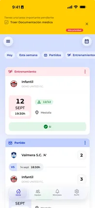 Aviso de tarea pendiente en la app Vocamini, sobre la agenda del equipo
