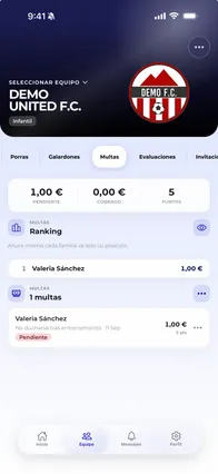 Pantalla de multas de la app Vocamini con los importes pendientes y cobrados