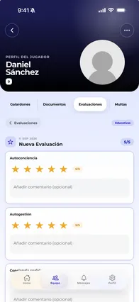 Evaluación de un jugador en la app Vocamini, puntuada por competencias