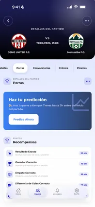 Porra de un partido en la app Vocamini, con las recompensas por acertar