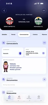 Detalle de una convocatoria en la app Vocamini, con lugar, hora y equipación