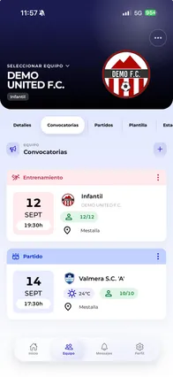 Convocatorias del equipo en la app Vocamini, con el próximo entrenamiento y partido